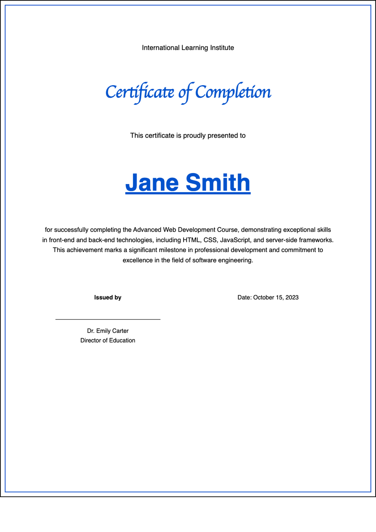 PikMaker certificate of achievement with blue script name and dual border_variant_3